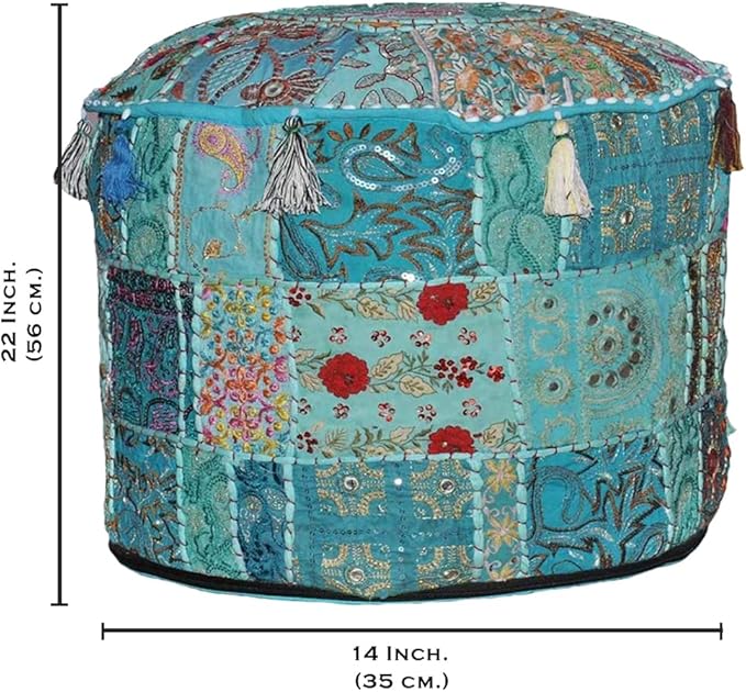 Aakriti Gallery Indian Pouf Footstool Ethnic Embroidered Pouf Cover, Indian Cotton Round Pouffe Ottoman - Cover Only (Turquoise, 22x14)