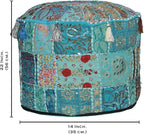 Aakriti Gallery Indian Pouf Footstool Ethnic Embroidered Pouf Cover, Indian Cotton Round Pouffe Ottoman - Cover Only (Turquoise, 22x14)