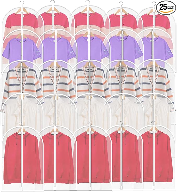 TORONTOKYO 25 Pack 31" Garment Bags for Hanging Clothes, Clear Plastic Garment Bag Dust-Proof Suit Protector Clothes Cover with Zipper for Closet Storage and Travel