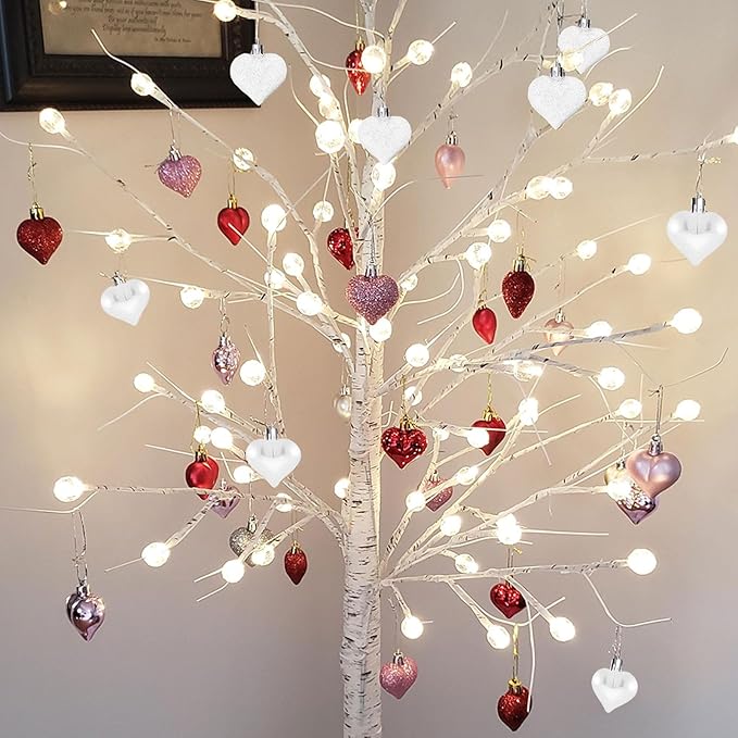 Valentine's Day Heart Ornaments for Tree - Valentine Ornaments Valentines Tree Decorations - Glitter Rose Gold Red White - Mini 24 Pcs