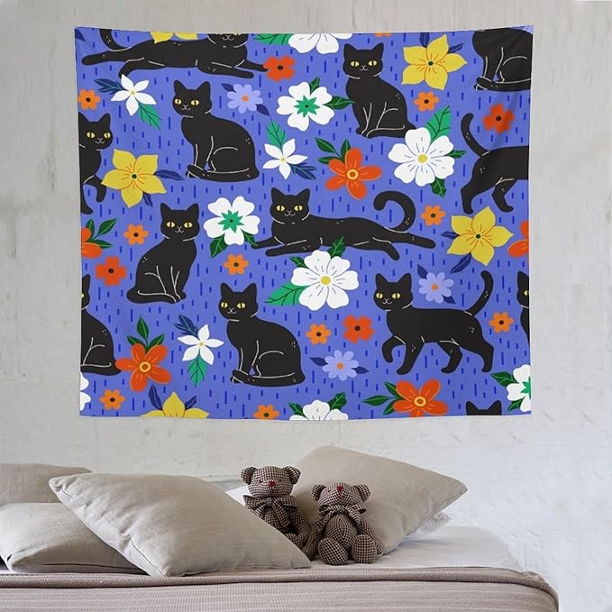 VUMIVI Black Cat Floral Tapestry Red White Hand-Painted Flowers Cute Animals Kids' Doodles Tapestry Wall Hanging for Living Room Bedroom Dorm Classroom Aesthetic Decor W60xL50in