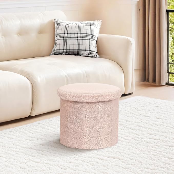 PINPLUS Round Storage Ottoman Cube Footrest - Versatile Boucle & Faux Teddy Fur Stool with Hidden Compartment for Living Room, Dorm, Bedroom - Pink, 15"x15"x13.2"
