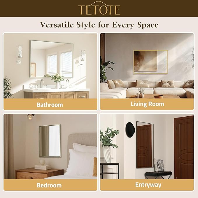 TETOTE Brushed Nickel Bathroom Mirror for Over Sink 36" x 36" Brushed Nickel Beveled Framed Rectangle Vanity Mirror for Bathroom, Bedroom, Entryway, Living Room, Tempered Glass, Stronger Frame