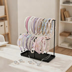 Headband Holder Organizer Metal 2-Tier with Tray, Necklace Storage Hairband Rack Hair Accessories Display Stand Stand Home Bedroom College Dorm Decor for Girls Women (Black)