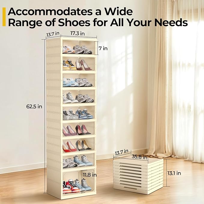 GCCSJ 9-Tier 18 Pairs Foldable Shoe Rack Organizer, Plastic Collapsible Shoe Shelf, Folding Shoe Box Storage Cabinet with Magnetic Clear Door Easy Assembly for Entryway, Bedroom, Living Room