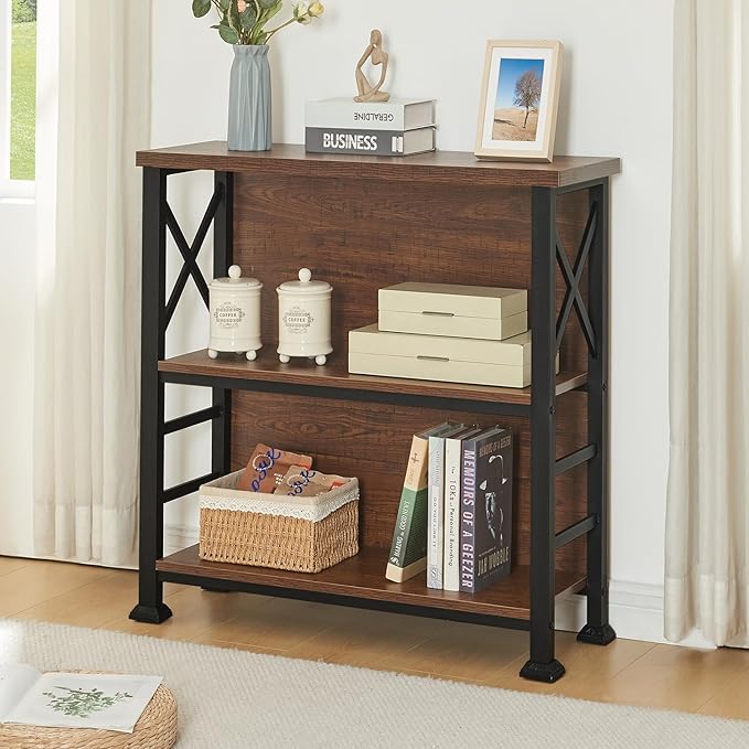 HOMBAZAAR 3-Tier Small Bookshelf, 29.5 Inch Short Book Shelf with Sturdy Metal Frame & Wood Shelves, Rustic Brown Industrial Bookcase for Living Room, Bedroom, Office