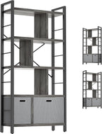 Armocity Bookshelf with Drawers - 5 Tier Tall Bookcase Geometric Modern Book Shelf Display Standing Bookshelves with Storage for Living Room, Bedroom Home Office, Grey Oak