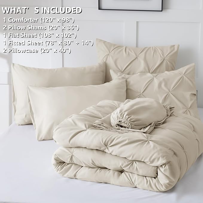 CozyLux Oversized King Comforter Sets Beige, 7 Pieces Oversized King Pintuck Bed in A Bag, Pinch Pleat Bedding Sets with All Season Comforter, Flat Sheet, Fitted Sheet, Pillowcases & Shams
