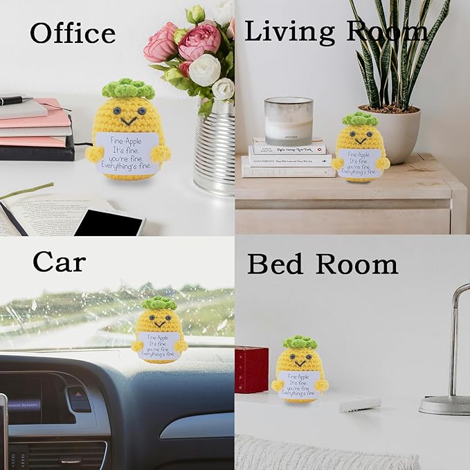 Funny Positive Pineapple Gifts for Him Her, 3 inch Knitted Pineapple Doll with Emotional Support Card Birthday Gift Cute Room Decor Crochet Party Decoration Toy Encouragement Reminder