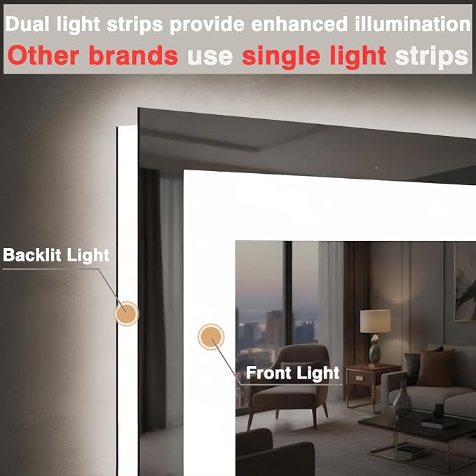 51"x40" Bathroom Light up Mirror, Double Bright Lights Mirror, Anti-Fog Vanity Mirror with Lights, Stepless Dimmable Illuminated, Touch Control, Waterproof (Horizontal/Vertical)