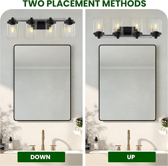 Bathroom Vanity Light Fixture, 4-Light Modern Black Vanity Light Fixtures with Clear Glass Shade, Matte Black Bathroom Light Fixtures Over Mirror, Rustic Restroom Lighting Fixtures