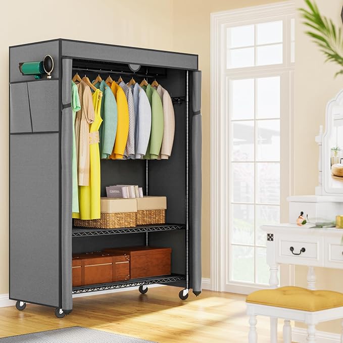 LEHOM G1C Heavy Duty Clothes Rack with Cover, Rolling Garment Rack for Hanging Clothes, Portable Closets with Oxford Fabric Cover, Freestanding Clothing Rack on Wheels (Black+gray cover, G1C)