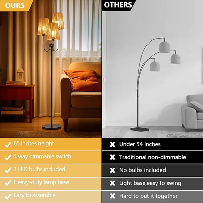 RORIANO Boho Floor Lamp for Living Room, 3-Light Rotary Switch Farmhouse Standing Bedroom Lamp with Rattan Shade, Tall Floor Lamps for Rustic, Coastal, Beach or Bohemian Decor, 3 LED Bulbs Included