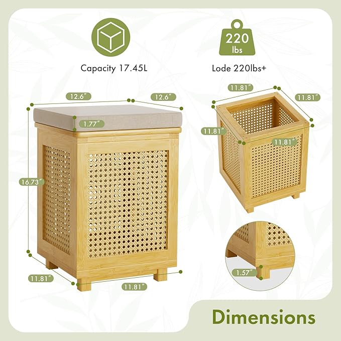 End Table for Living Room, Small Side Table with Storage, Bamboo Rattan Weave with Removable Cushion Top, Multifunctional Nightstand Ottoman Footrest Seat & Organizer for Bedroom, Office