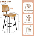 24-Inch Leather Bar Stools Set of 3, Counter Height Barstools with High Backrest，Bar Chairs for Kitchen Island with Heavy Duty Metal Legs, Brown