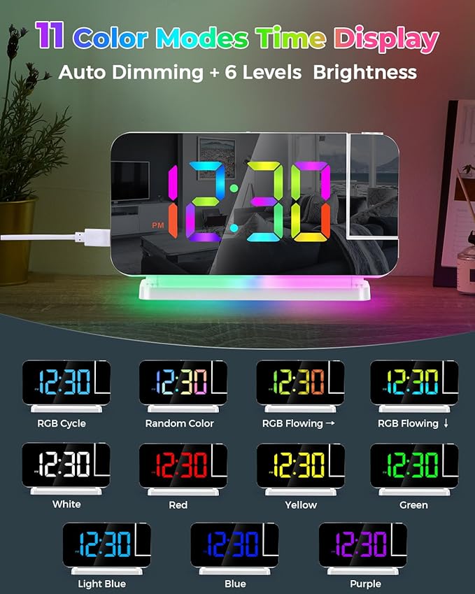 SZELAM Projection Alarm Clock,7.4" LED Mirror Digital Clocks Large Display,with 180° Rotatable Projector,RGB Night Light,USB C Port,Auto Dimming,Modern Desk Clock for Bedroom Decor - White