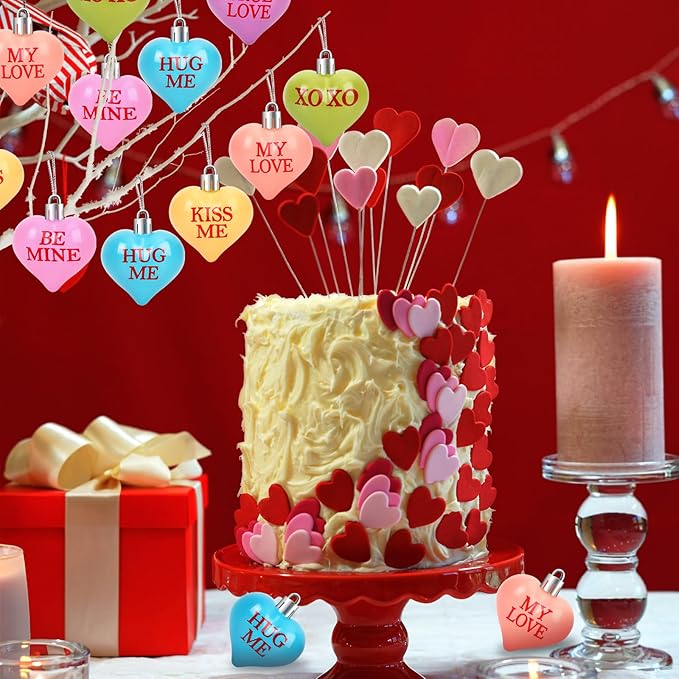 JULMELON Valentine's Day Conversation Hearts Candy Ornaments, 24 Pcs Colorful Heart Decorations for Tree Home Party Holiday Wedding and Party Decoration