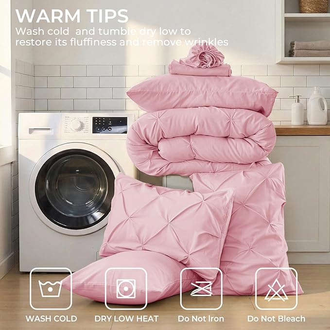 Sasttie Queen Comforter Set, 7-Piece Bed in a Bag, Pintuck Bedding Set for All Season, Includes Comforter, Flat Sheet, Fitted Sheet, Pillowcases and Pillowshams, Baby Pink