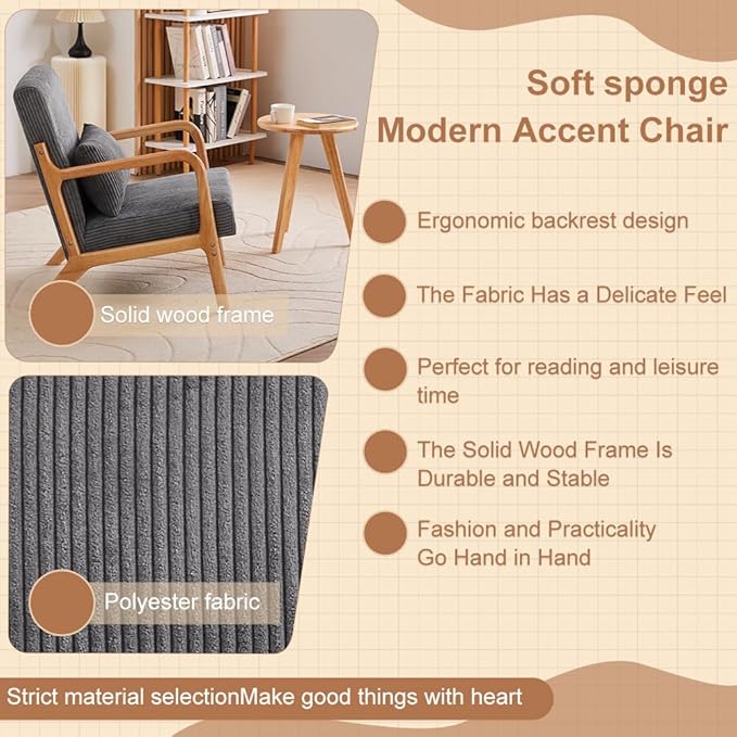 KEIKI Mid-Century Modern Upholstered Accent Chair with End Table, Lounge Chair Combo