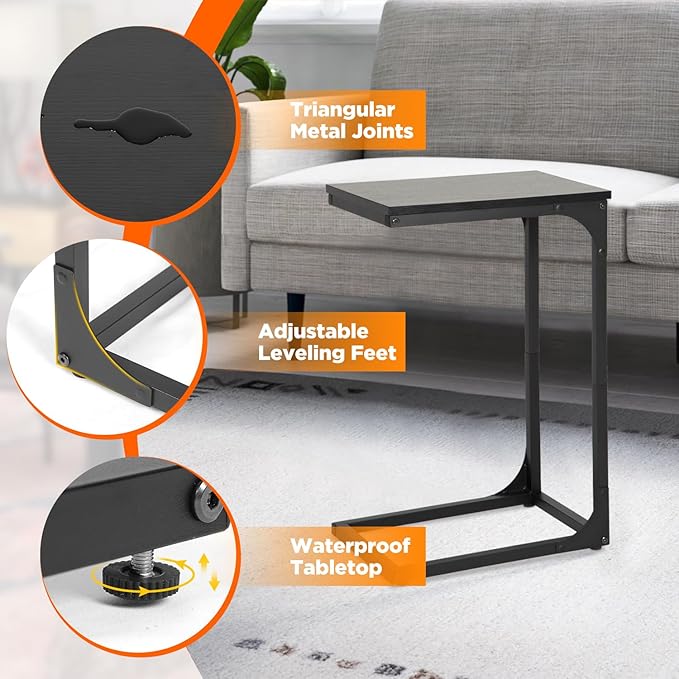 FDW C-Shaped End Table Wooden Top Side Table Adjustable Feet Small Cough Table Bedside End Table with Metal Frame for Bedroom Living Room,Set of 2,Black