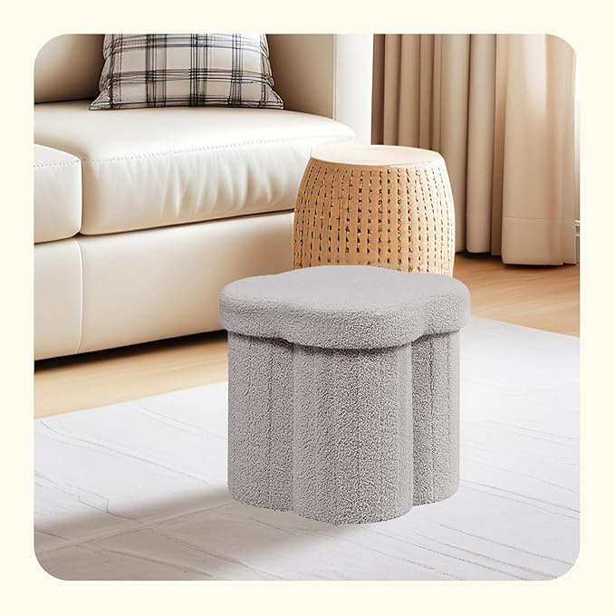 PINPLUS Floral Storage Ottoman Cube Boucle Footrest Stool with Lid, Multi-Functional Cube Seat for Living Room, Dorm & Bedroom – Grey 12.6"x12.6"x12.6"