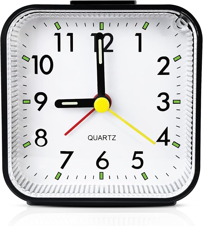 Small Analog Travel Alarm Clock, Battery Operated Desk Table Shelf Clock for Kids, Quieter Bedside Alarm Clocks for Bedrooms Bathroom Living Room Kitchen, Black