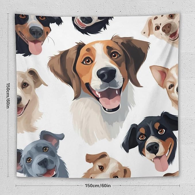 VUMIVI Cartoon Dog Tapestry Black & White Pet Dog Heads Cute Illustration Modern Creative Design Tapestry Wall Hanging for Living Room Bedroom Dorm Classroom Aesthetic Decor W60xL60in