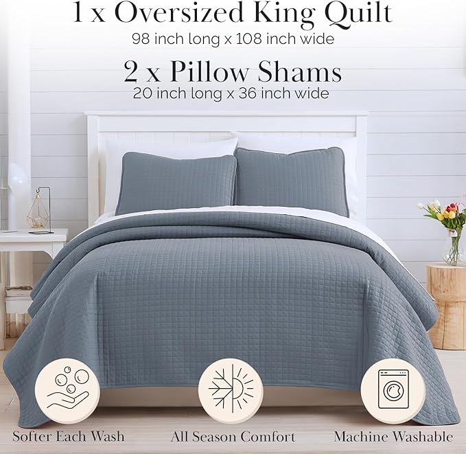 Southshore Fine Living, Inc. Oversized King Quilt Set, Blue Bedspread King California Comforter with 2 Matching Pillow Shams, Microfiber Coverlet Set, Oversized King Size Quilt, Slate Blue Bedding