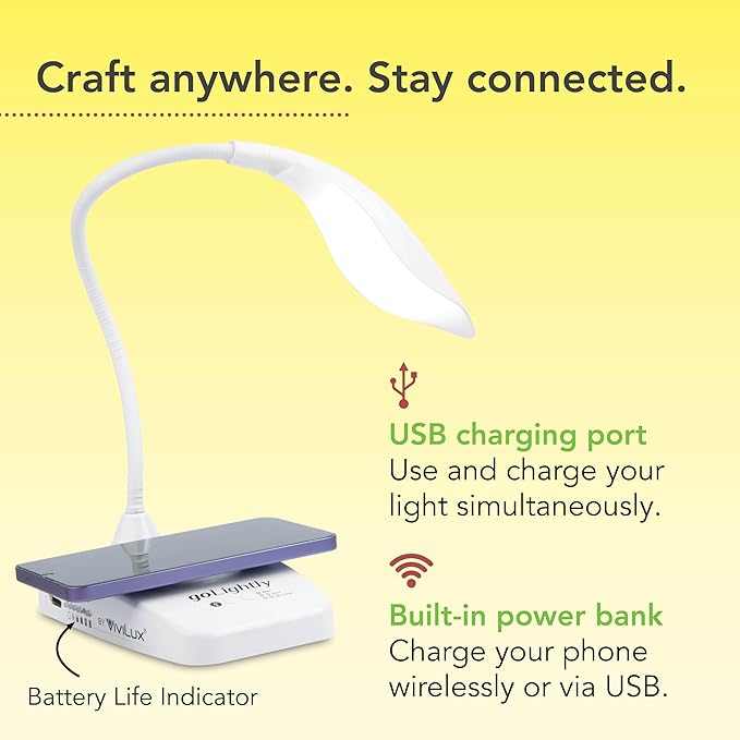 goLightly by ViviLux LED Rechargeable Desk Lamp with Wireless Charging Port, 20 Hour Battery, Portable Task Lighting for Crafts, Sewing & Study