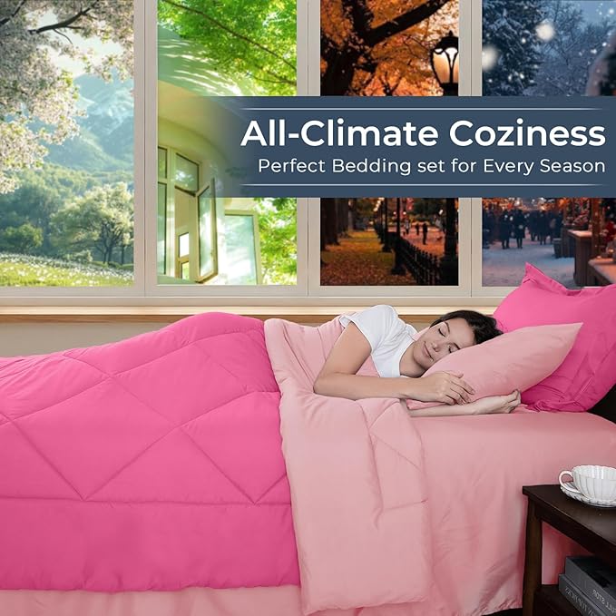HEVUMYI Hot Pink & Baby Pink Cali-King Comforter Set - 7-Piece All Season Bed in a Bag Cali-King, Ultra Soft Bedding Set with Comforter, Flat Sheet, Fitted Sheet, Pillowcases, Pillow Shams