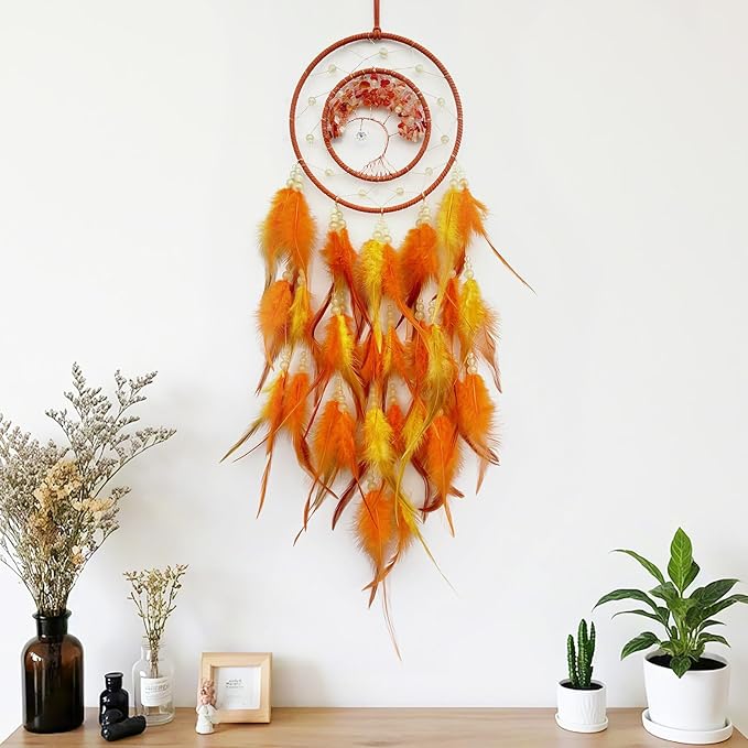 Orange Dream Catcher Wall Decor Crystal Tree of Life Dream Catchers with Luminous Bead Handmade Feather Dreamcatcher Wall Hanging Ornament for Bedroom Living Room Home Decor