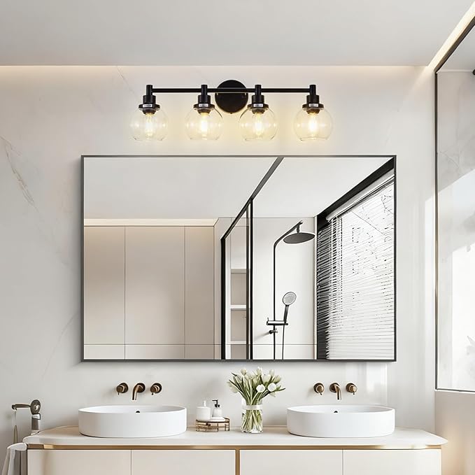 4-Light Bathroom Light Fixture Black Vanity Lights Over Mirror Modern Wall Sconce Farmhouse Vintage Bathroom Vanity Lighting with Glass Shade for Bedroom Hallway Cabinet Bathroom