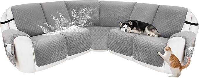 Reclining Sectional Couch Covers 100% Waterproof Recliner Cover Washable Velvet L Shape Recliner Couch Covers for Dogs Anti Slip Recliner Slipcovers with Pockets (5 Seat Sofa, Silver Gray)
