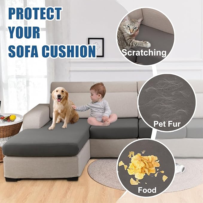 100% Waterproof Couch Cushion Covers, Replacement Sofa Cushion Covers, Stretch Individual Sofa Seat Cushion Slipcovers Furniture Protector for Kids Pets (2-Piece Loveseat Cushion Cover, Grey)