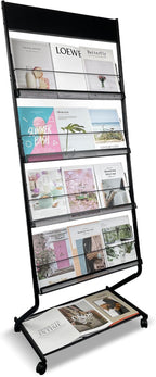 Tongmo Floor-Standing Magazine Rack 4-Layer with Wheels, Brochure Display Stand, High-hardness metal for Office,Exhibitions, and Any Organization Requiring Information Display (black)