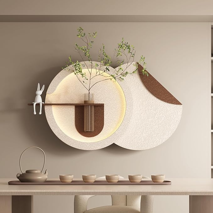 LED Sandstone Wall Decor, 3D Wall Art Sculpture, Simulated Green Plants, Glass Vase & Rabbit Statue, Remote Control 3 Color Light, for Living Room, Bedroom, Hallway(Light Coffee,41.4 * 23.6in)