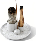 5 in 1 Incense Holder Burner, 5.9" Ceramic Holder for Burning Palo Santo Sage Candle and Incense Sticks Cones, Ash Catcher Tray for Meditation Room Home Décor(White)