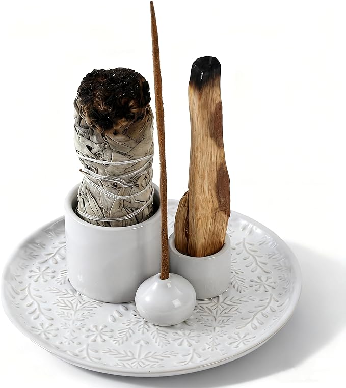 5 in 1 Incense Holder Burner, 5.9" Ceramic Holder for Burning Palo Santo Sage Candle and Incense Sticks Cones, Ash Catcher Tray for Meditation Room Home Décor(White)