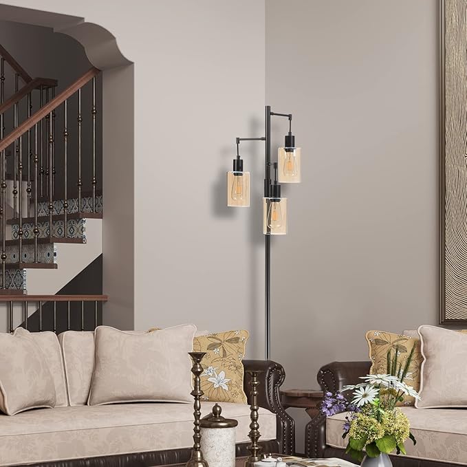 Farmhouse Floor Lamp, Dimmable Floor Lamp for Living Room, Rustic 3 Lights Oil Rubbed Bronze Tree Standing lamp, Vintage Tall Pole Lamp with Amber Glass Shade