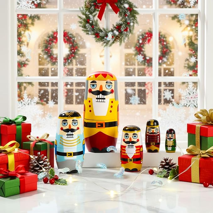 Gejoy Russian Nesting Dolls for Kids Handmade Matryoshka Wooden Stacking Toys Nesting Dolls Collectible Gifts for Winter Christmas Holiday Present Boys Girls Adults Home Decor(Nutcracker Soldiers)