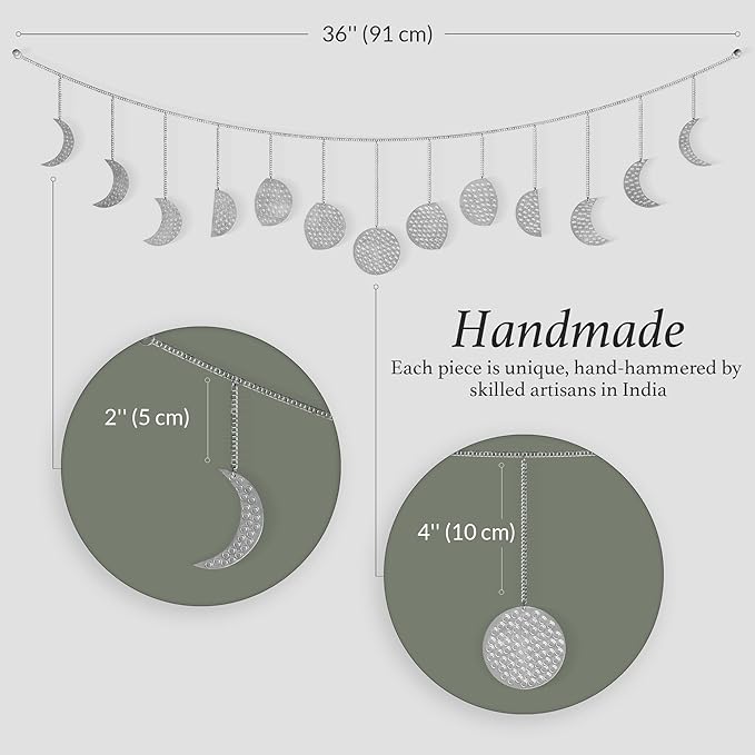 BASE ROOTS Moon Phase Wall Decor, Silver Wall Art for Bedroom, Bohemian and Astrology, Witchy Aesthetic 36" 13 Phases Metal Moon Wall Garland, Celestial Decoration, Gift for Women & Kids