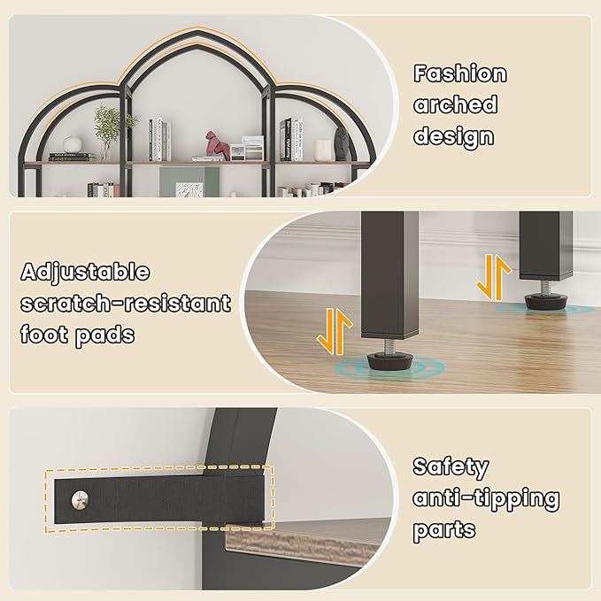 Semoic Arched Bookshelf and Bookcase with 3 Cabinets, Triple Wide 5 Tier Standing Book Shelf, Storage Display Rack Shelves, Industrial Open Bookshelf, Etagere Bookcase, Brown+Black