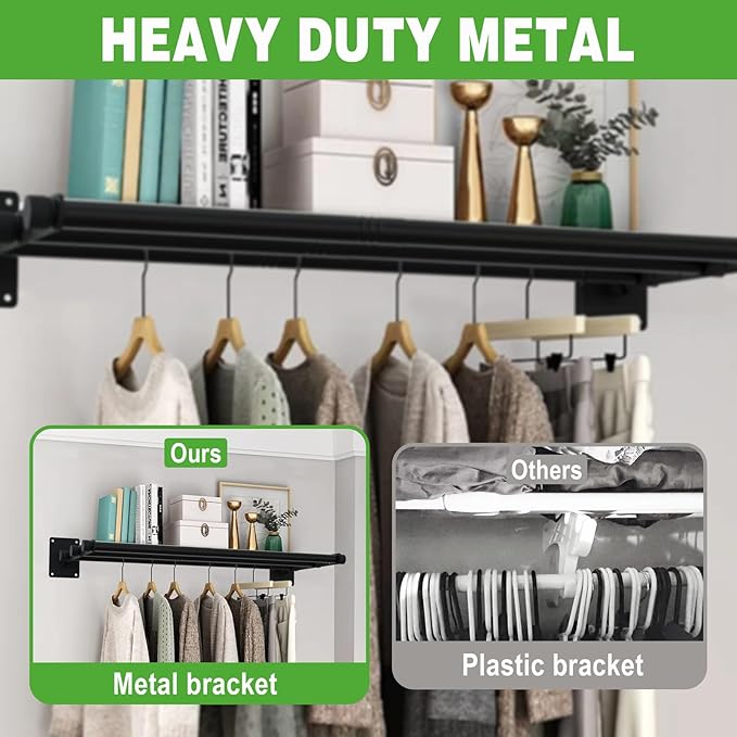 Closet Shelves Wall Mounted, 57 Inches Heavy Duty Closet Rod with Shelf Metal Utility Shelf for Wall, Closet, Laundry Room