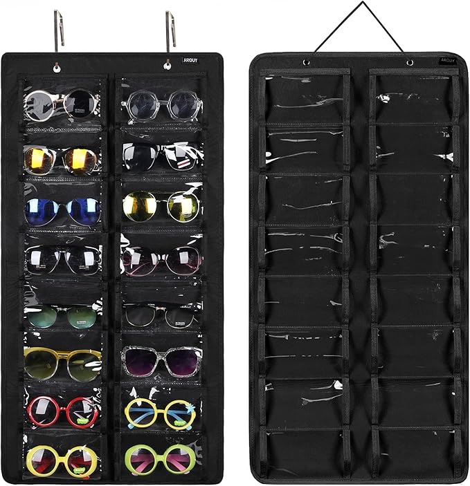 AROUY Sunglasses Organizer Storage, Hanging Dust Proof Wall Pocket Glasses Organizer - 16 Felt Slots Sunglass Organizer Holder with Metal Hook and Sturdy Rope (Black, Dust Proof)