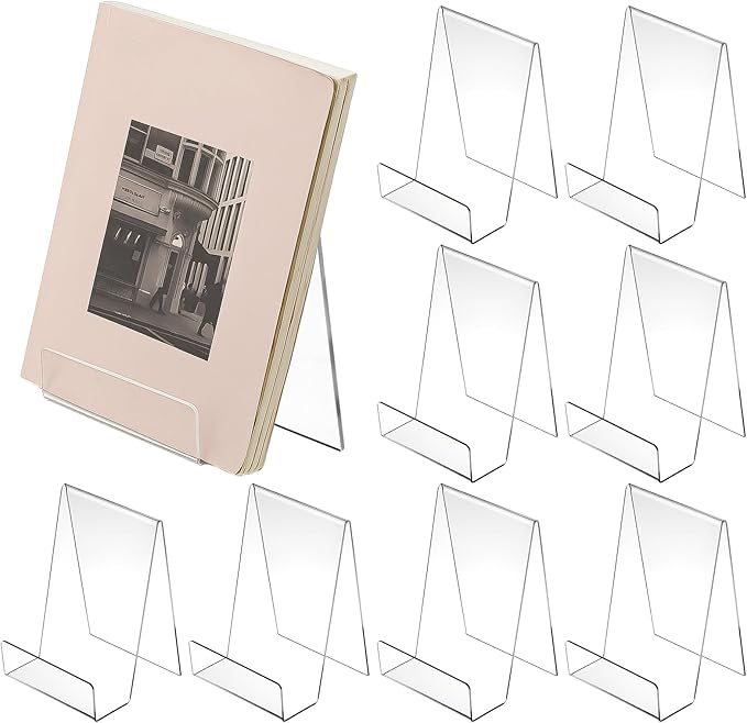 SHENLIU 12 Pack Clear Book Stand, 6x4 Inch Acrylic Easel Stand Book Display Holder, Display Stands for Album, CD, Music Sheets, Plate, Artworks, Phone, Tablet, Magazine, Postcard