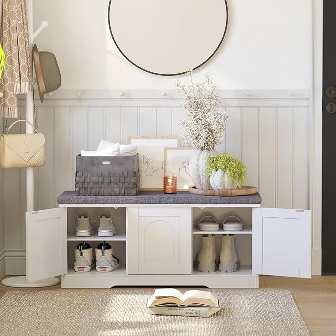 DINZI LVJ Shoe Bench, Entryway Storage Bench with Doors, Cushion, 2-Tier Shoe Rack with 6-Cubby, 39.4”L x 13.8”W Shoe Organizer Cabinet, Adjustable Shelf, Living Room, Bedroom, White