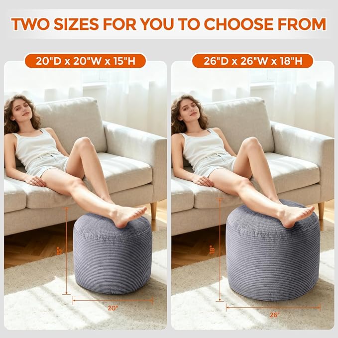 Pouf Ottoman Foot Rest, Comfortable & Soft, Round Footstool for Living Room, Bedroom, Office, Room Decoration, Corduroy Foot Stool Pouf with Odorless & Anti-Clump Filling, Small Dark Grey