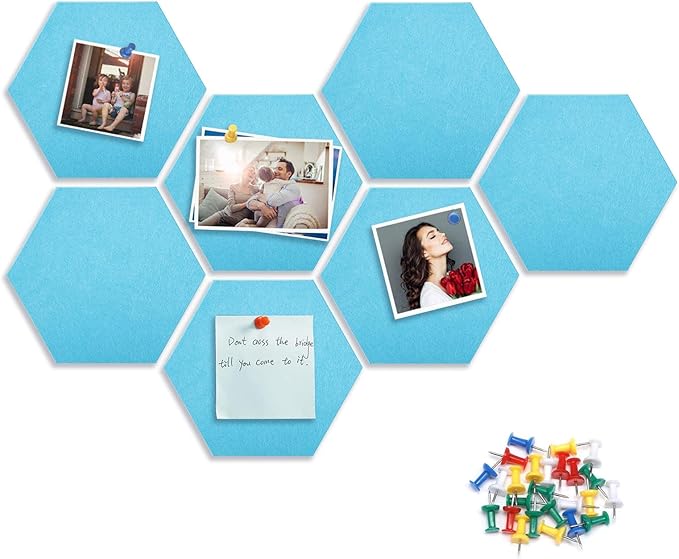 8 Packs Lake Blue Hexagon Felt Pin Board, 12" Bulletin Board with 30 Push Pins, Felt Board for Home Kitchen Office Decor, Self-Adhesive Corkboard Tiles for Walls School Message Photos Memos