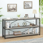 IBF Low Long Horizontal Bookshelf, Industrial Modern 3 Tier Etagere Bookcase, Large Wide Open Rustic Metal and Wood Grey Book Shelf for Bedroom Living Room Home Office Storage, Light Grey Oak, 63 Inch