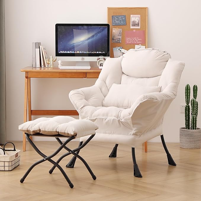 Lazy Chair with Ottoman, Modern Accent Chair with Lumbar Pillow, Beige Sofa, Lounge Chairs with Folding Footrest, Oversized Supportive Chairs for Bedroom, Reading